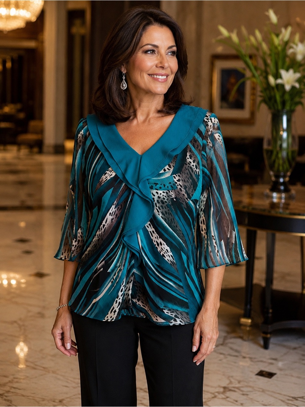 Vintage Ninalee USA Teal Abstract Dressy Blouse M Church Workwear Date Night